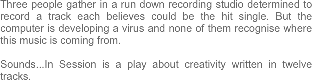 Three people gather in a run down recording studio determined to record a track each believes could be the hit single. But the computer is developing a virus and none of them recognise where this music is coming from.

Sounds...In Session is a play about creativity written in twelve tracks.